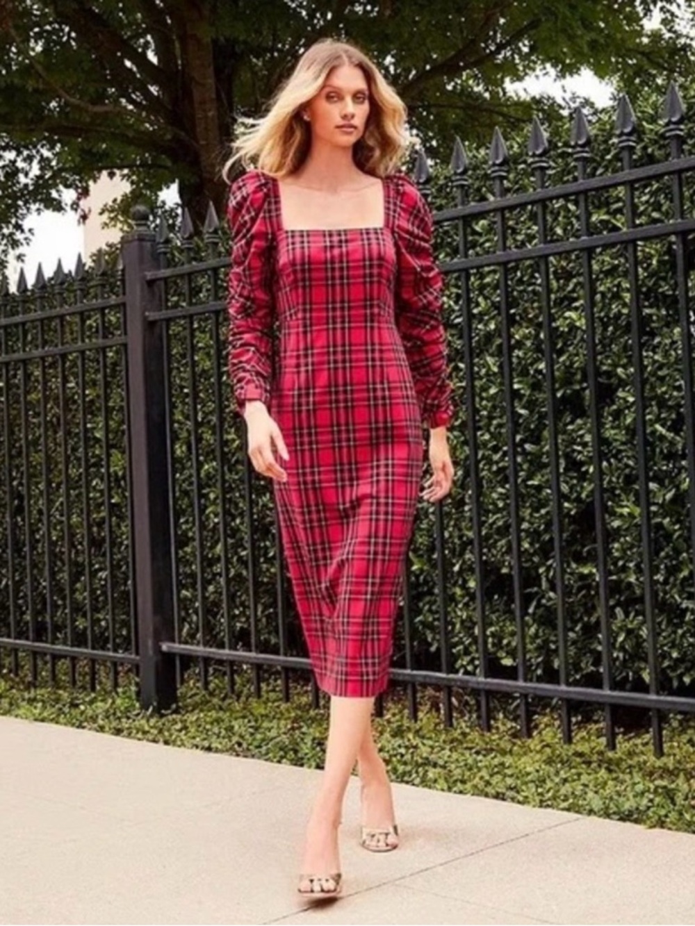 ANTONIO MELANI Red Plaid Square-Neck Midi Dress with Ruched Sleeves
